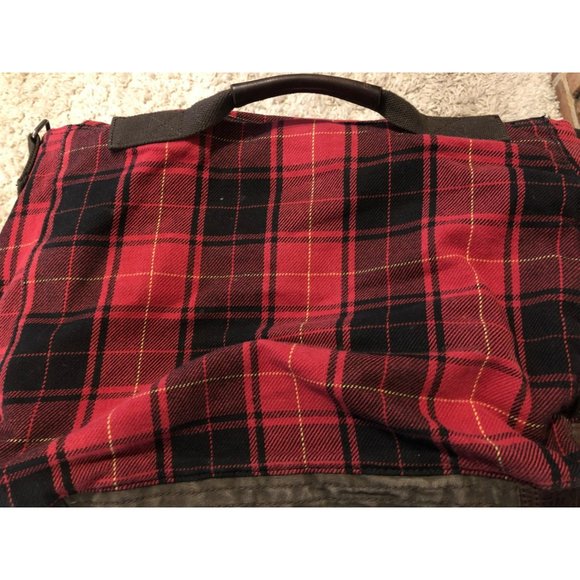 American Eagle Outfitters Red Buffalo Plaid Messenger Laptop Bag Leather Canvas - Picture 9 of 9